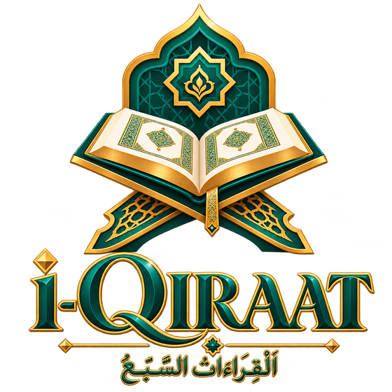 Logo i-QIRAAT: mushaf terbuka di atas rehal dengan tulisan i-QIRAAT dan القراءات السبع